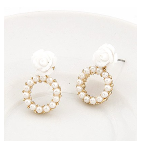 White Rose Pearl Hoop Stud Earrings